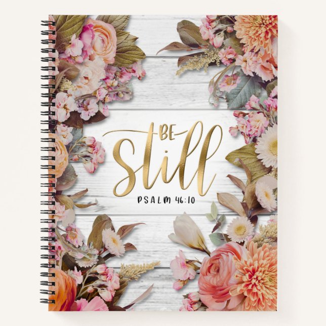 Cuaderno Salmo 46:10 Permanecer con flores pasteles en made (Anverso)