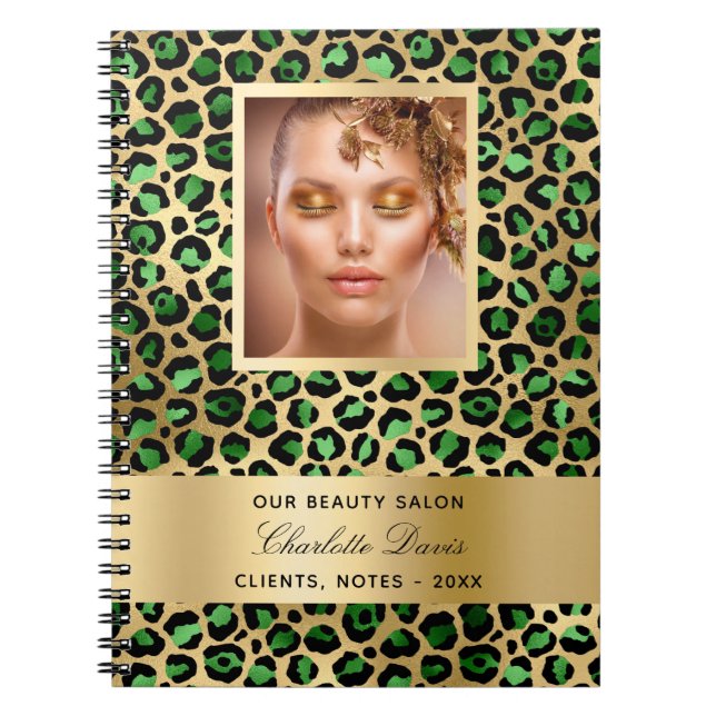 Cuaderno Salón de belleza de leopardo de oro verde esmerald (Frente)