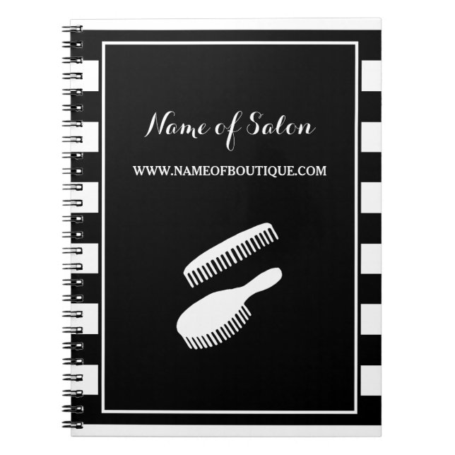 Cuaderno Salón de belleza y cabello de rayas blancas negras (Frente)