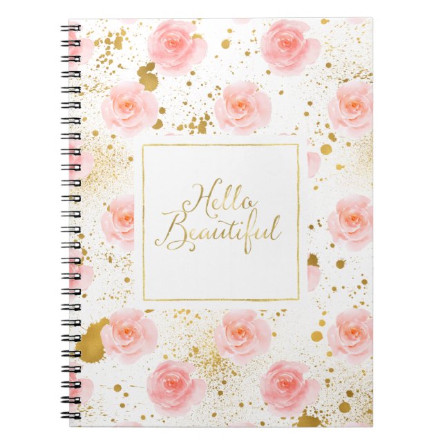 Cuaderno Salpicaduras de oro rosas rosadas Hola Hermosa (Frente)