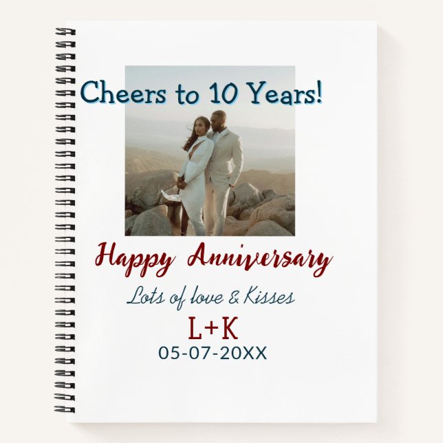 Cuaderno Saludos a los 10 años feliz aniversario agregar da (Anverso)