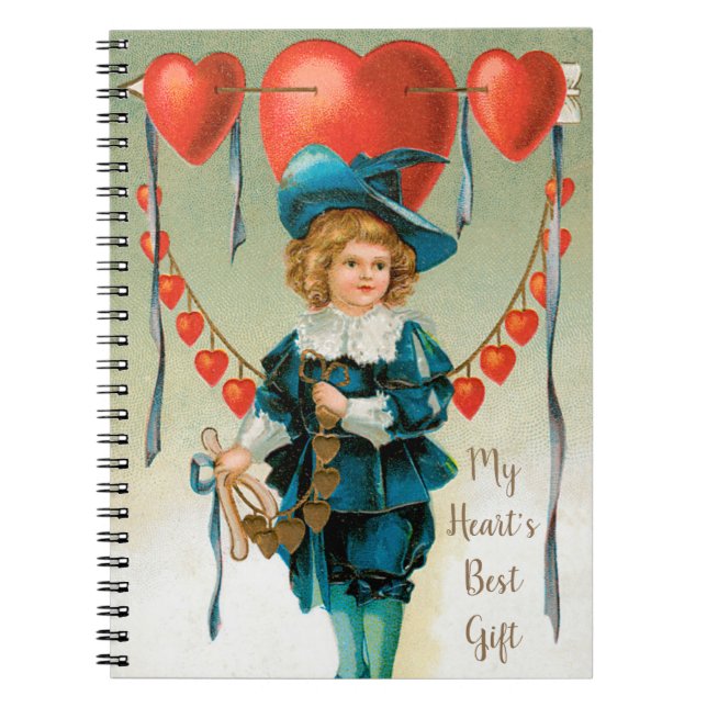 Cuaderno San Valentín antiguo, niño victoriano con corazone (Frente)
