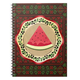 Cuaderno sandía en plato de oliva con tatreez palestino