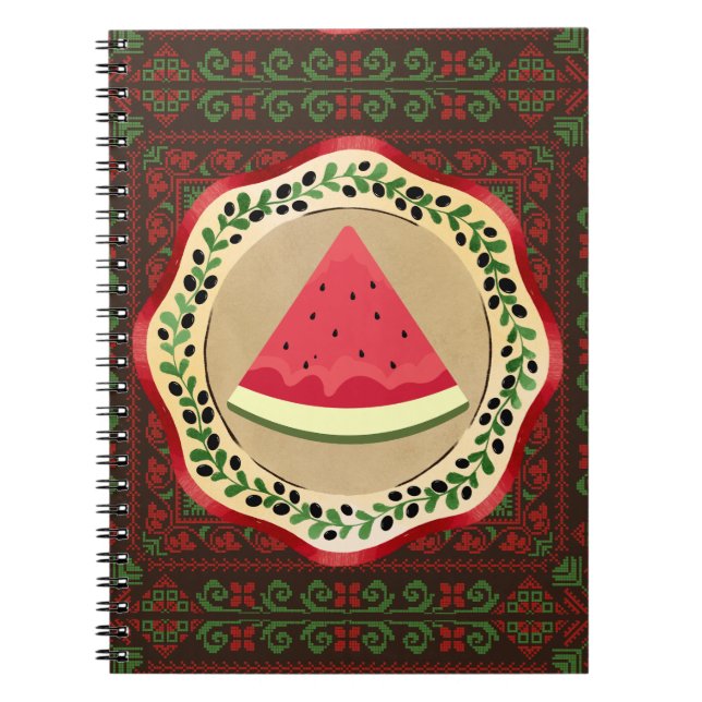 Cuaderno sandía en plato de oliva con tatreez palestino (Frente)