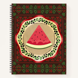 Cuaderno sandía en plato de oliva con tatreez palestino