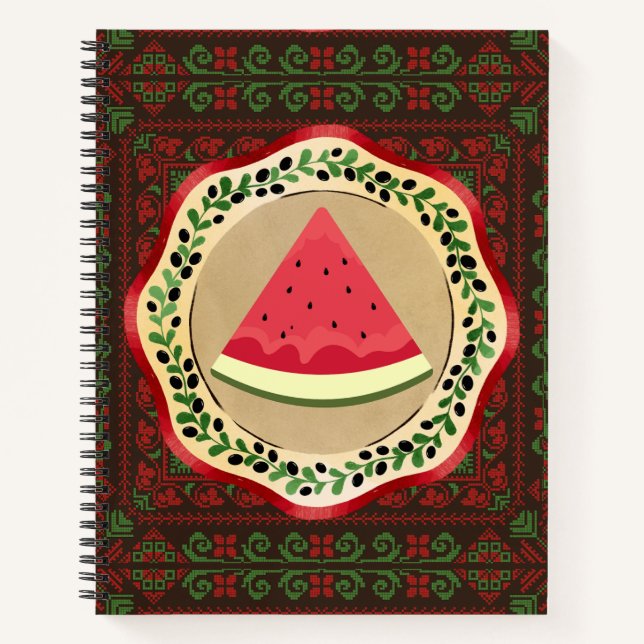 Cuaderno sandía en plato de oliva con tatreez palestino (Anverso)