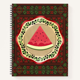 Cuaderno sandía en plato de oliva con tatreez palestino