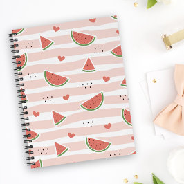 Cuaderno sandías rojas, corazones, rayas, patrón de verano