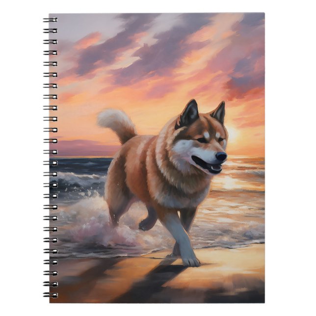 Cuaderno Sandy Paws Akita Dog en Beach Sunset (Frente)