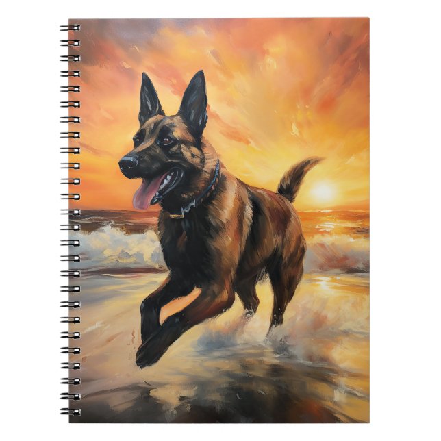 Cuaderno Sandy Paws con perro malinés belga en la puesta de (Frente)