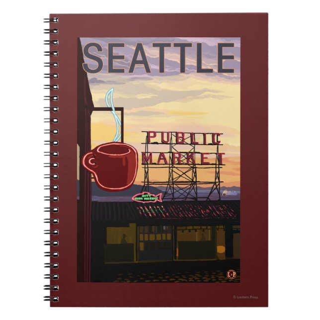 Cuaderno SeattlePike Place Mercado Rótulo y vistas al agua (Frente)
