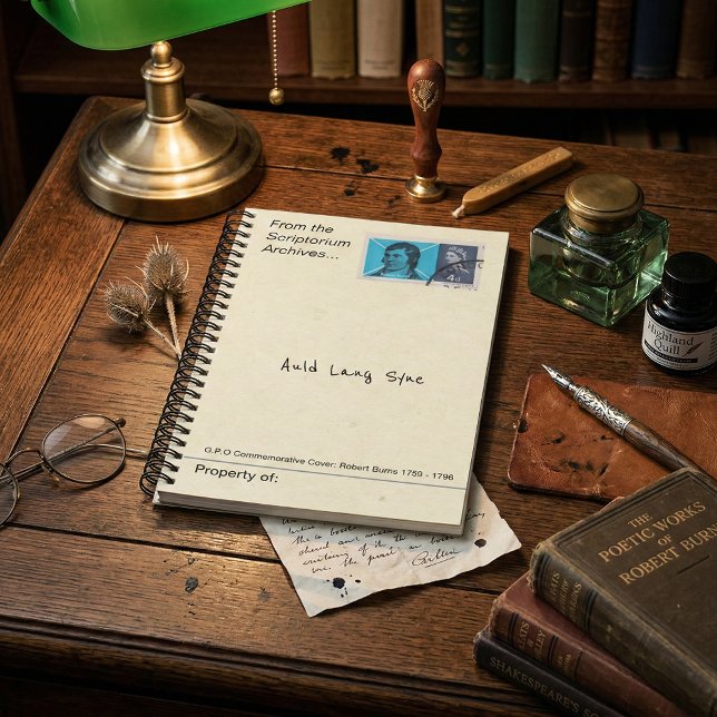Cuaderno Sello postal de Robert Burns de 1966 Antiguo Liter (Robert Burns Commemorative Stamp 1759 - 1796 on a Vintage style notebook. Poetcore & dark academia )