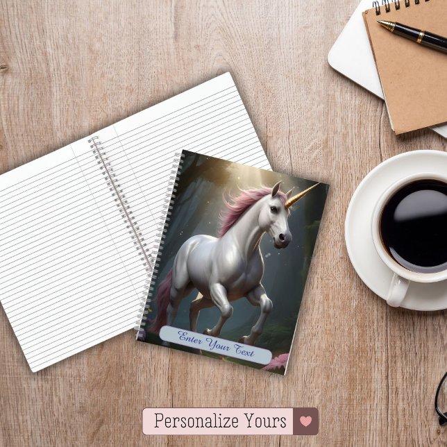 Cuaderno Selva unidosis blanca personalizada (Personalized White Unicorn Forest Notebook)