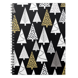 Cuaderno Sencillo patrón invernal. Fondo negro. Oro, sil