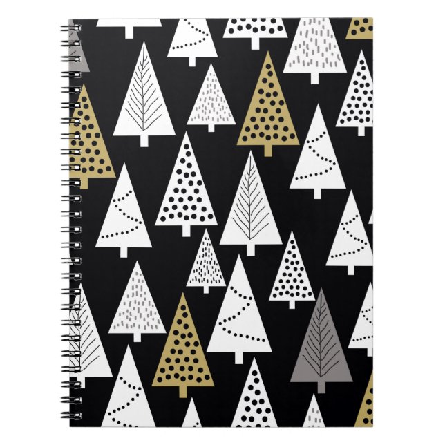 Cuaderno Sencillo patrón invernal. Fondo negro. Oro, sil (Frente)