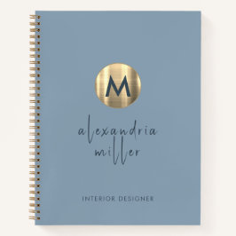 Cuaderno Sencillo y elegante Monograma dorado azul turbio