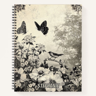 Cuaderno Sepia Botánico Aves Mariposas Vintage