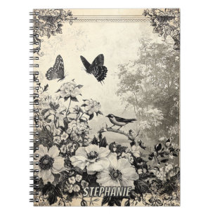 Cuaderno Sepia Botánico Aves Mariposas Vintage