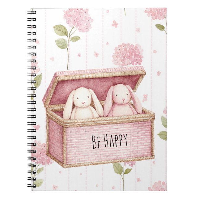 Cuaderno Ser Feliz Flores Rosas Conejos en una Caja (Frente)