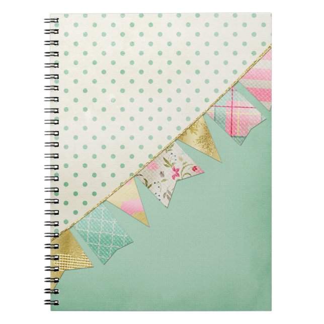 Cuaderno Shabby Chic Boutique Bunting en rosa, menta y oro (Frente)