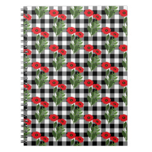 Cuaderno Shabby Chic Rojo, Amapolas Florales Negras y Blanc
