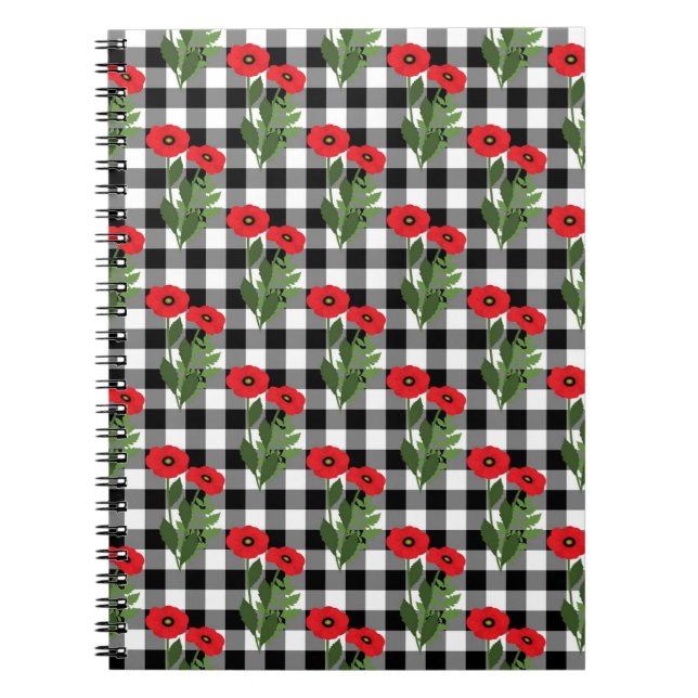 Cuaderno Shabby Chic Rojo, Amapolas Florales Negras y Blanc (Frente)