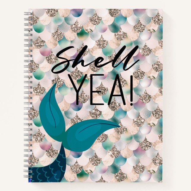 Cuaderno Shell Yea Verde azulada y Gold Glam Mermaid (Anverso)