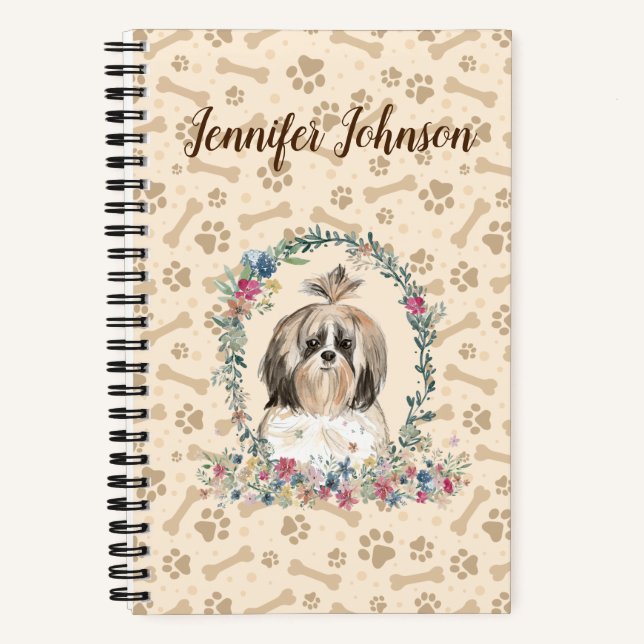 Cuaderno Shih Tzu Long Hair Dog Paw Print & Floral Cute (Anverso)