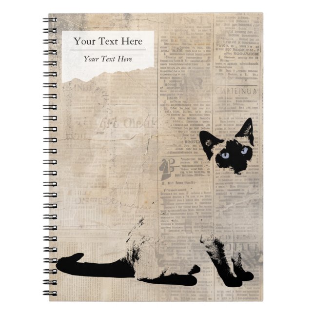 Cuaderno Siamese Cat on Retro Newspaper, Personalized Name (Frente)