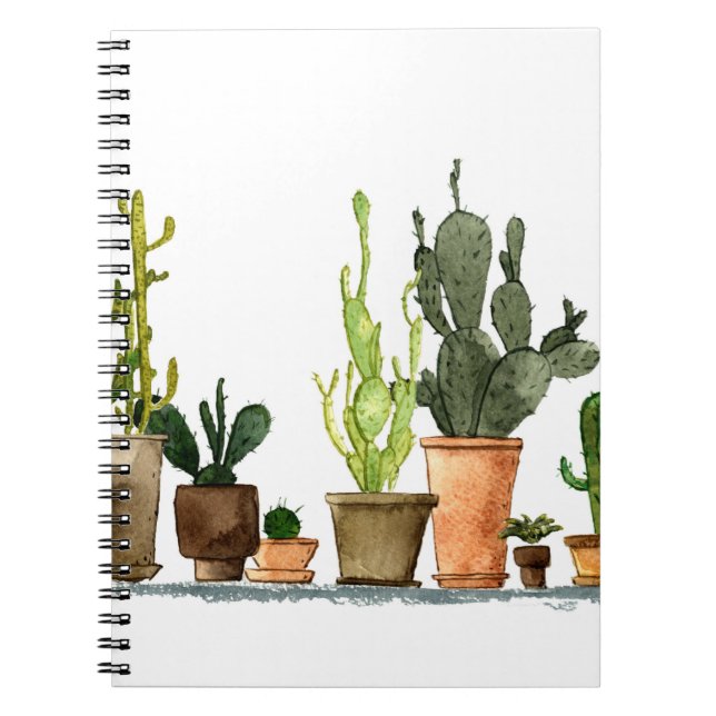 Cuaderno Siete cactus de acuarela verde dibujado a mano en  (Frente)