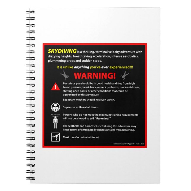 Cuaderno Signo de advertencia del parque temático SKYDIVING (Frente)