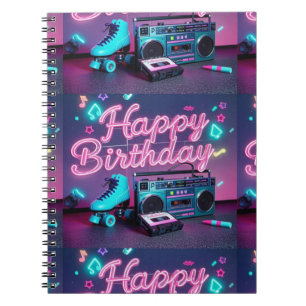 Cuaderno Signo de cumpleaños feliz de neón retro en rosa y