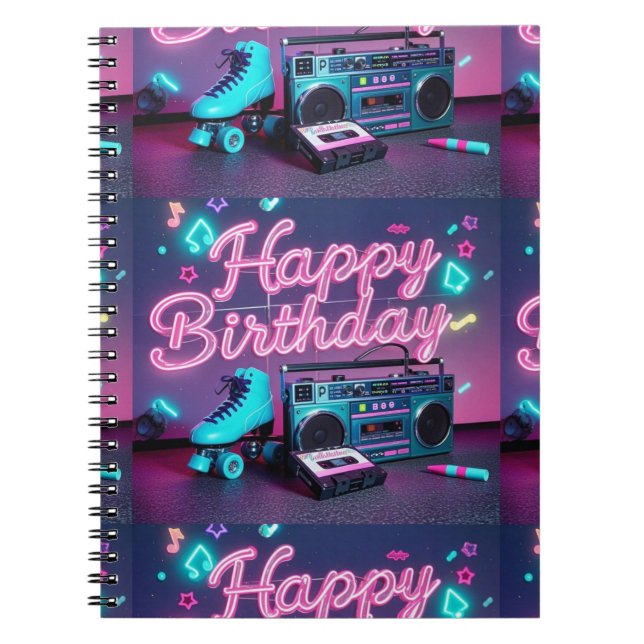 Cuaderno Signo de cumpleaños feliz de neón retro en rosa y  (Frente)