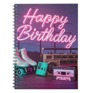 Cuaderno Signo de cumpleaños feliz de neón retro en rosa y