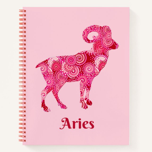 Cuaderno Signo zodiaco para Aries en un patrón rojo coral (Anverso)