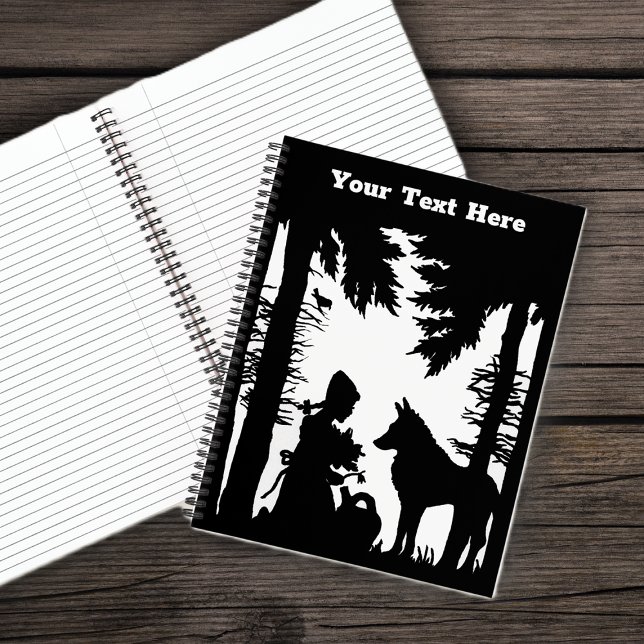 Cuaderno Silueta Blanca Negra Red Riod Hood Wolf Woods (Black White Image Little Red Riding hood with Wolf in Woods on spiral notebook with lined paper.)