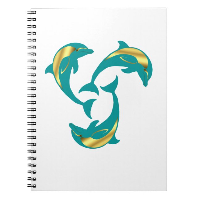 Cuaderno Silueta dorada azul de delfín acuático (Frente)