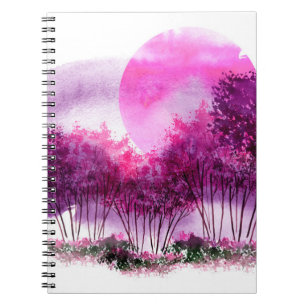 Cuaderno silueta rosa y púrpura de árboles en el fondo