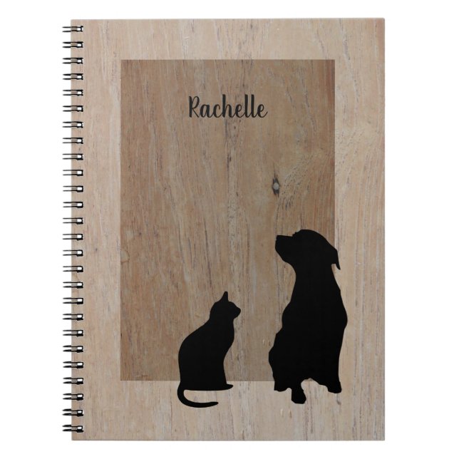 Cuaderno Siluetas lindas del gato y del perro en la madera (Frente)