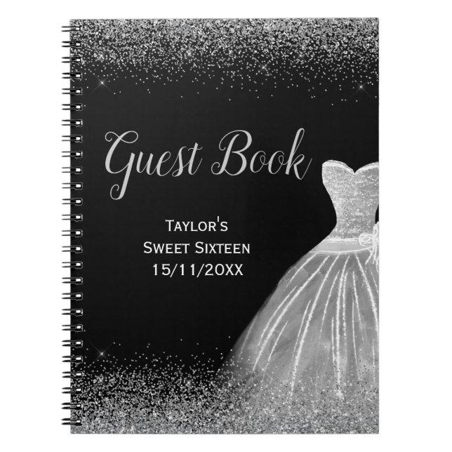 Cuaderno Silver Dress Faux Glitter Sweet 16 guest Book (Frente)