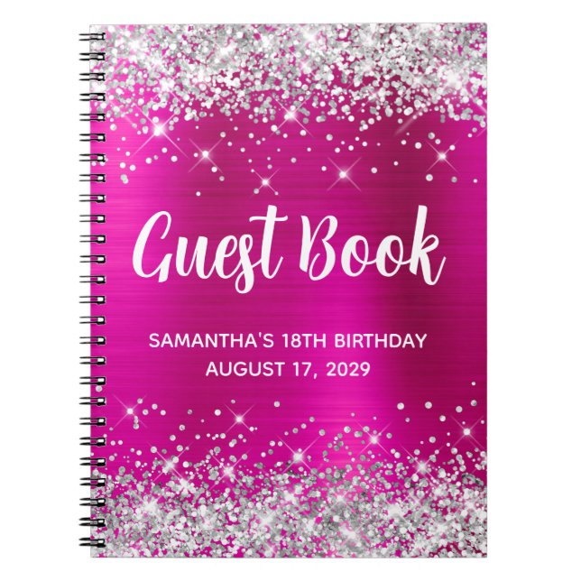 Cuaderno Silver Glitter Hot Pink 18th Birthday Guestbook (Frente)