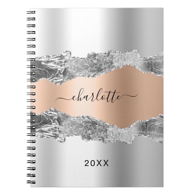 Cuaderno Silver rose gold agate marble name script (Frente)