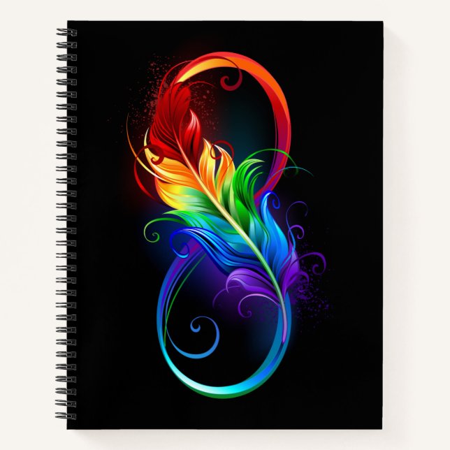 Cuaderno Símbolo infinito con plumas arcoiris (Anverso)