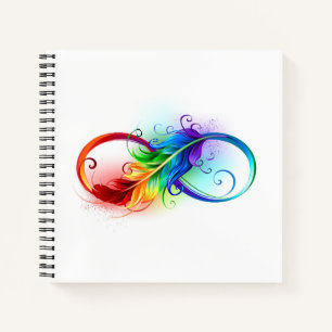 Cuaderno Símbolo infinito con plumas arcoiris