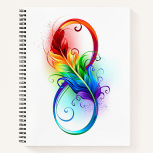 Cuaderno Símbolo infinito con plumas arcoiris