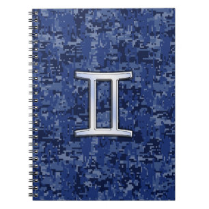 Cuaderno Símbolo zodiaco de Gemini sobre camo digital azul 