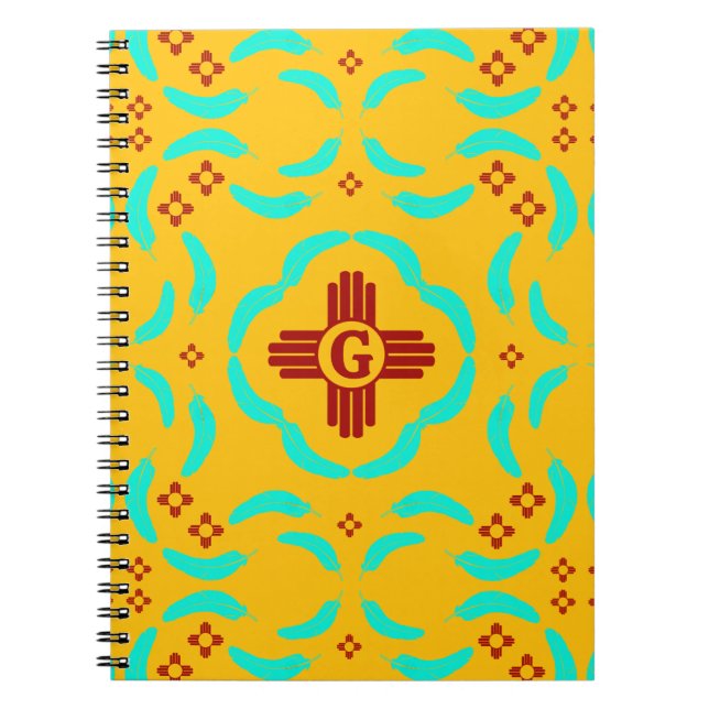 Cuaderno Símbolos de Zia Rojo Nuevas plumas turquesas de Mé (Frente)