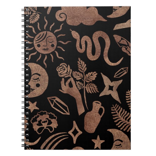 Cuaderno Símbolos místicos: serpiente, sol, luna. (Frente)