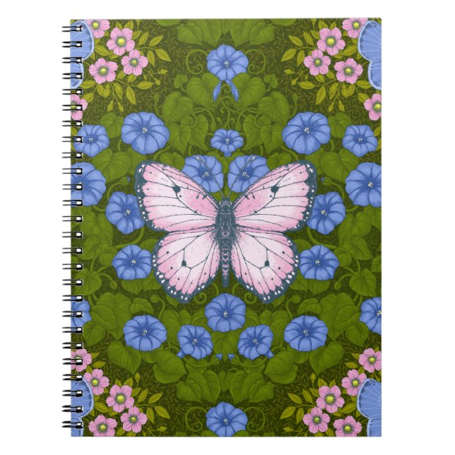 Cuaderno Simetría de mariposas y flores, azul y rosa (Frente)