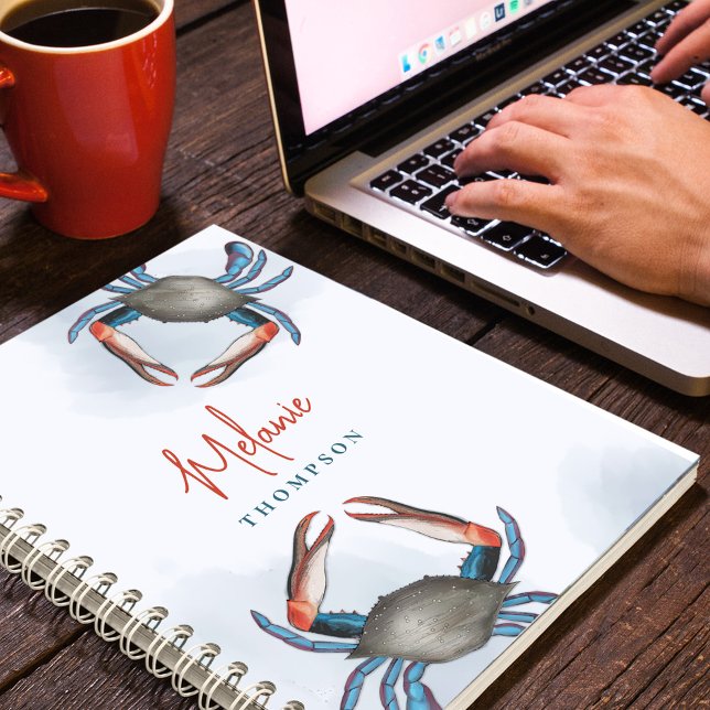 Cuaderno Simple acuarela Océano Náutico Blue Crab Seaside (Nautical blue crab watercolor spiral custom notebook)